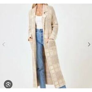 L*Space Women's Tan Plaid Long Open Front Cozy Cardigan‎ Sweater M/L